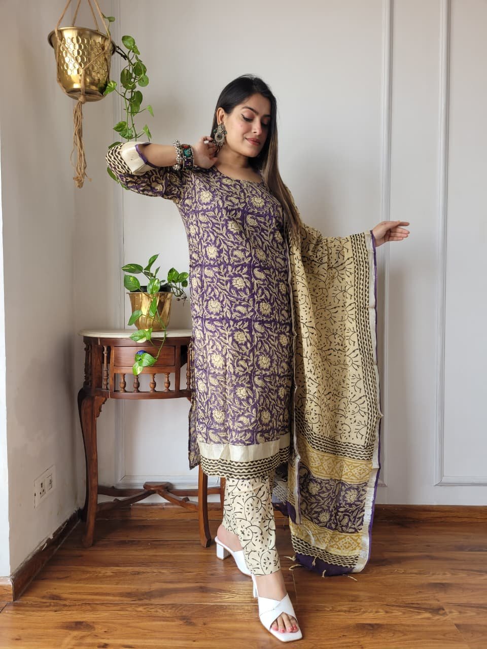 Purple  Bagru Hand Block Printed Linen Suit Set